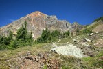 White Heather & Subalpine Firs on rocky ridge at High Pass w/ view to Mt. Larrabee